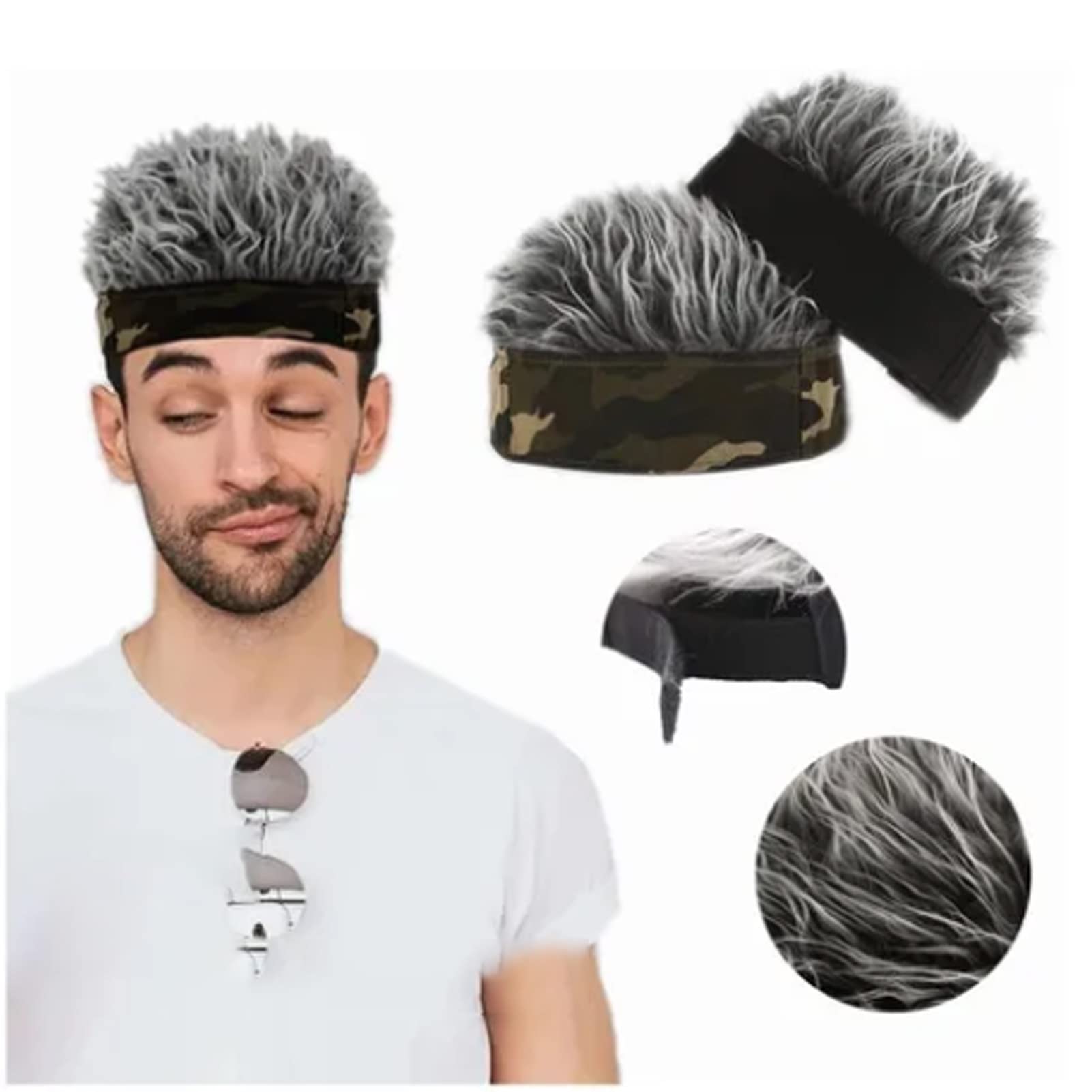 Men's Camouflage Grey Wig Hat - Adjustable Funny Short Hair Artificial Wig Headband Costume Party Accessory for Men - Image 2