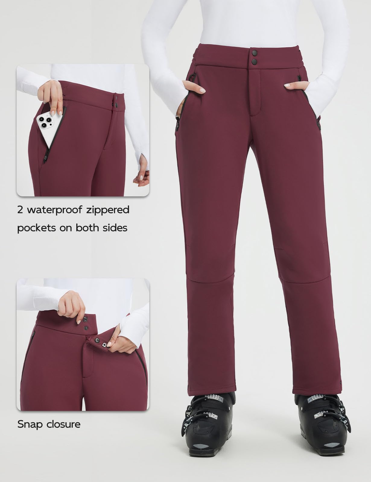 baleaf Pantaloni da sci da donna foderati in pile, impermeabili, con tasche con cerniera, per escursionismo, camminata, snowboard
