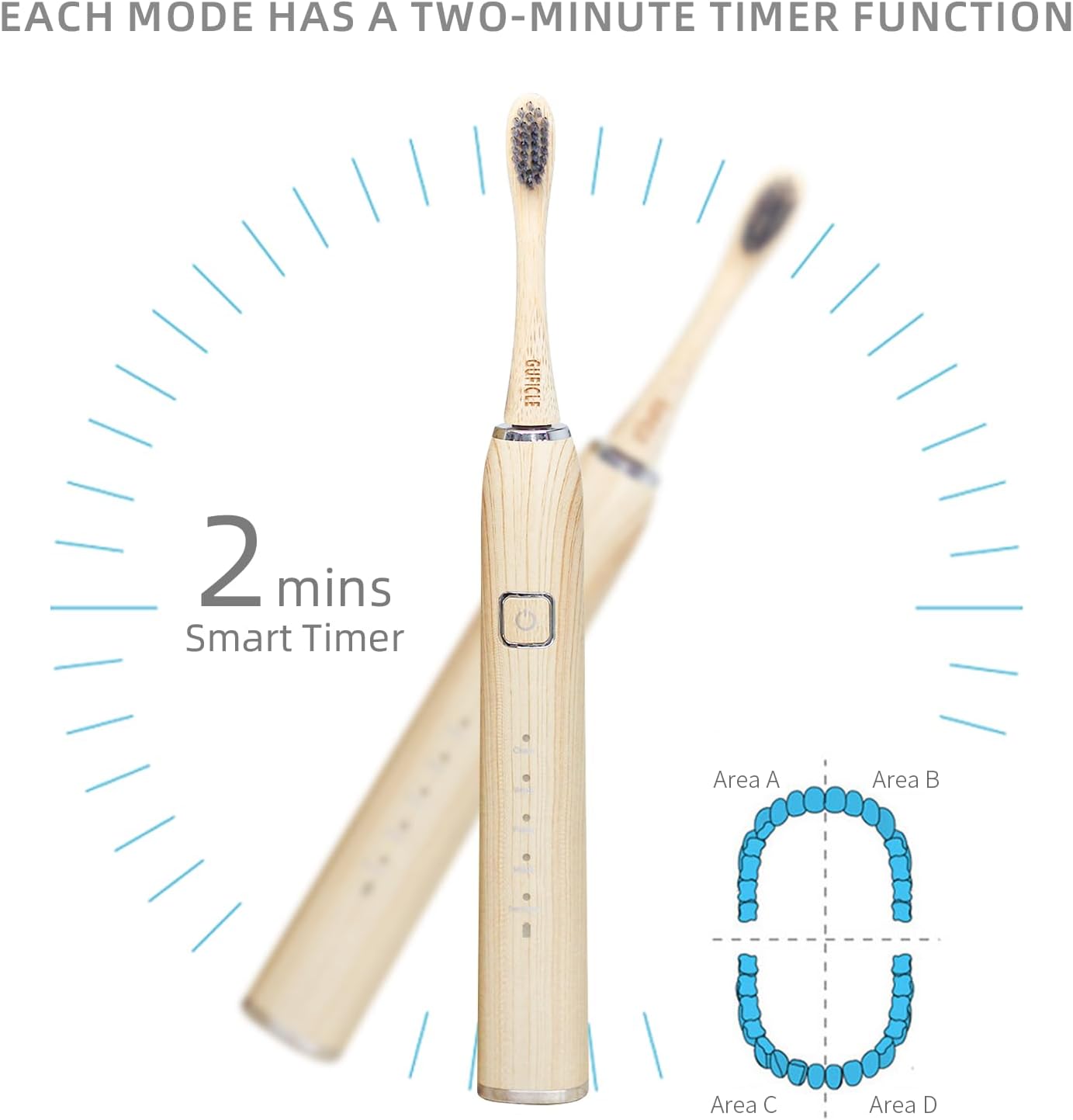 Bamboo Electric Toothbrush for Adults, Rechargeable Electric Bamboo Toothbrushes, with 3 Replaceable Bamboo Toothbrush Heads, IPX7 Waterproof & 5 Cleaning Modes