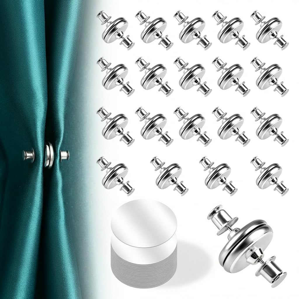 40Pcs Magnets Curtain Clips with 20PCS Self-Adhesive Patch Light Leakage Prevention Strong Curtain Magnetic Hem Closure Buckle No Sewing Easliy Install forBathroom Bedroom Office Draperies 20 Pairs