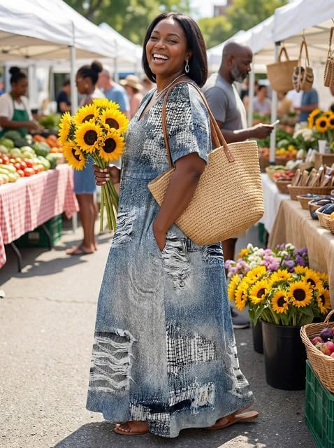 Womens Plus Size Denim-Print Fashion Maxi Dresses Casual Soft Tshirt Dress - Image 4