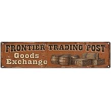 Frontier Trading Post Goods Exchange Barrel Crate Metal Tin Sign