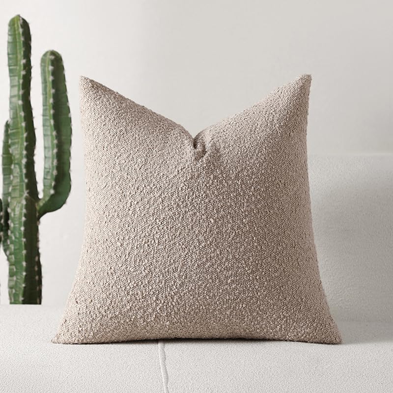Set of 2 Boucle Decorative Throw Couch Pillow Covers-Soft Solid Textured Square Cushion Covers for Sofa Living Room Bedroom Home Decor (Khaki,20" x 20")