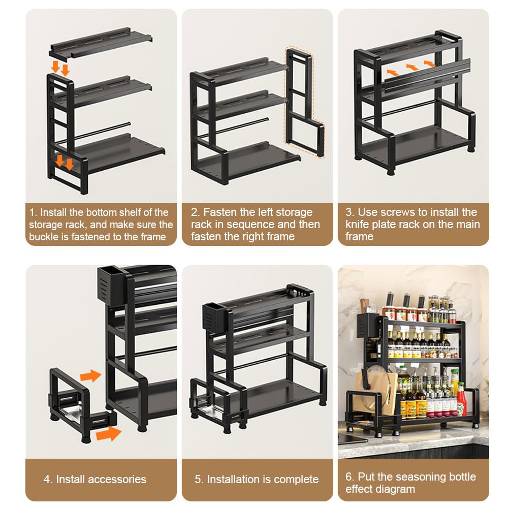 Organizador de Especias para Cocina, Estantería para Especias de 3 Niveles de Pie, Especieros para Cocina de Acero al Carbono con Soporte para Tabla de Cortar, Caja para Utensilios y 6 Ganchos