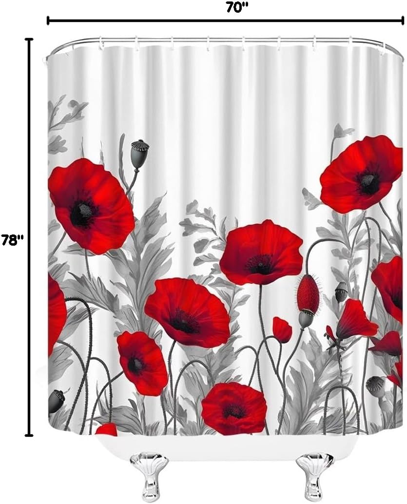 AMFD Red Gray Floral Shower Curtain Elegance Poppy Black White Retro Abstract Flower Gray Plant Leaves Home Fabric Bathroom Curtains Decor Set Include Hooks,(78" Wx70 H)