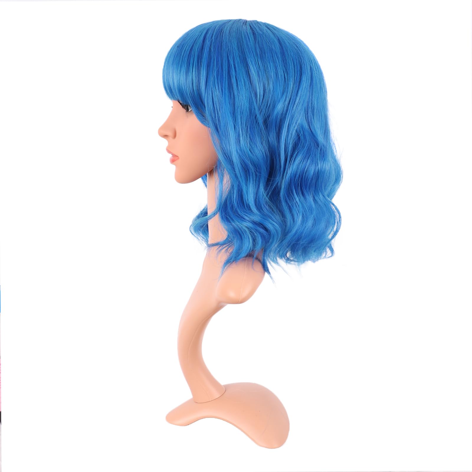 MapofBeauty 14 Pollice/35 cm Corto Wavy Bob Parrucche Con Frange Shoulder Lunghezza Ricci Parrucche Flat Bang Capelli Sintetico Parrucca (Misto Vivid Blu)