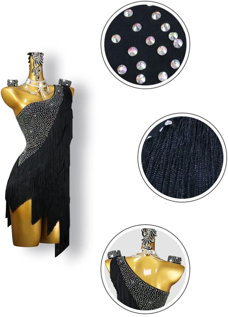 Adult Women's Black Fringe Latin Dance Dress Ballroom Waltz Tango Samba Backless Latin Training Competition Dress