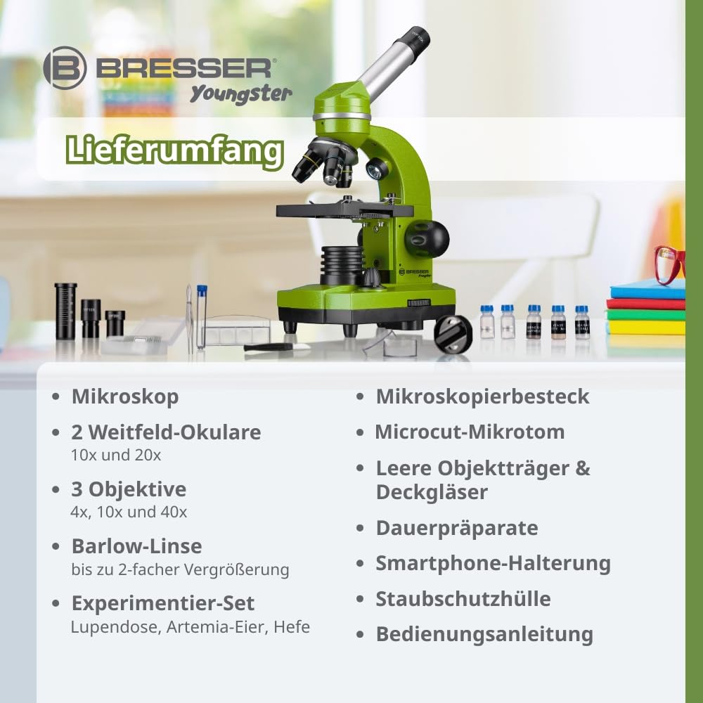 Bresser Junior Schülermikroskop BIOLUX SEL mit Smartphonehalter, reichhaltigem Zubehör und Barlow-Zoom-System für Kinder, Einsteiger und Erwachsene, grün
