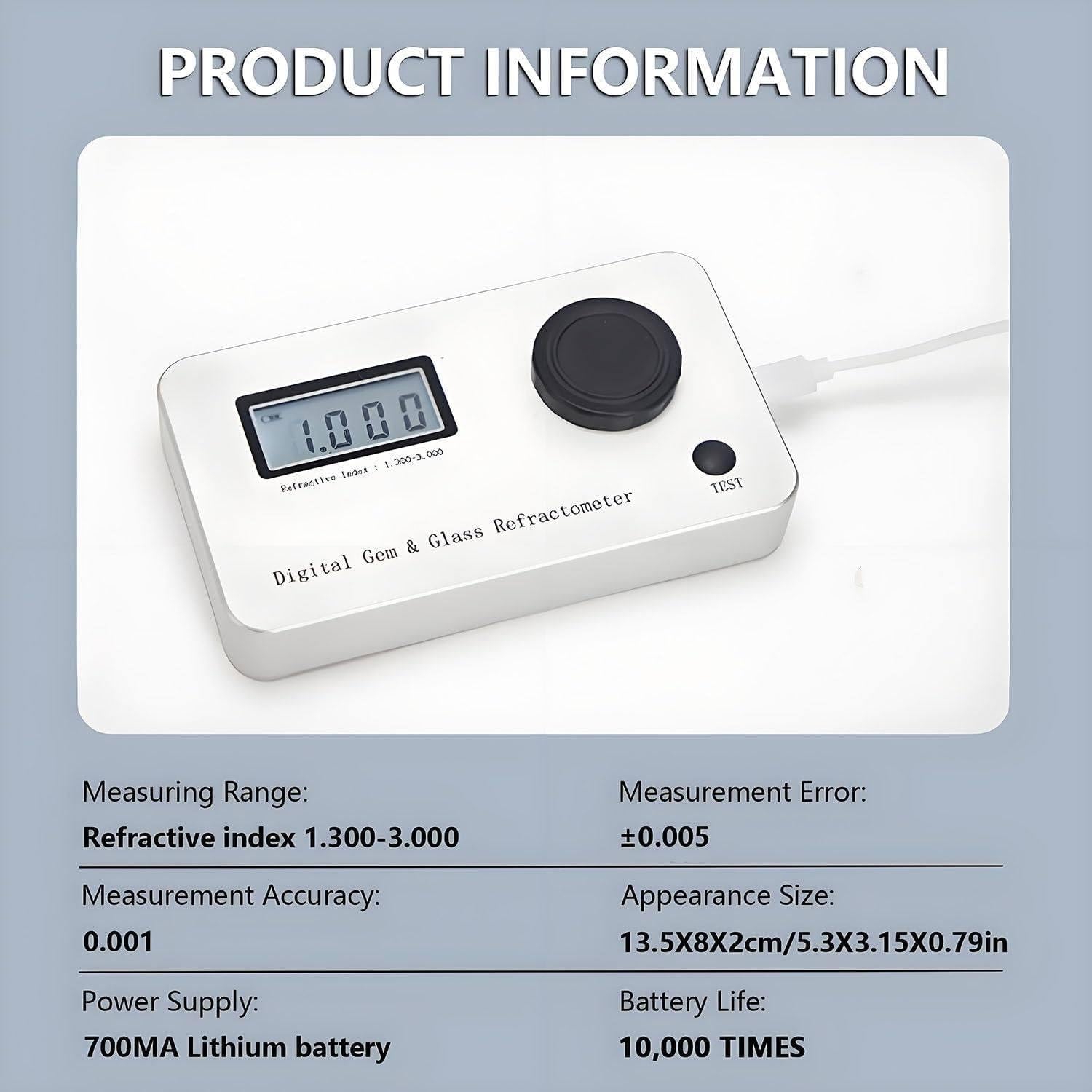 Rifrattometro portatile, tester professionale per gioielli con display LCD e batteria, indice di rifrazione 1,300-3,000, precisione 0,001