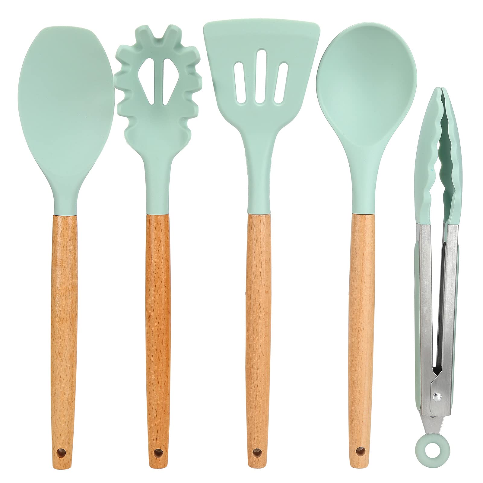 12-teiliges Silikon Küchenutensilien Set mit Holzgriff, Backzubehör, Kochlöffel, Pfannenwender, Schneebesen, Ölpinsel, Suppenschöpfer für die Küche (Hellgrün)