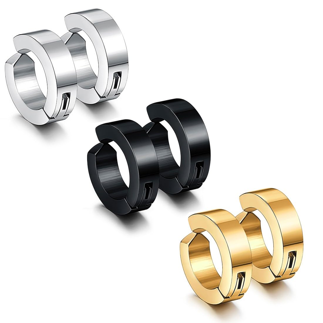 3 Paia Orecchini da Uomo Donna in Acciaio Inossidabile,Tondo, Orecchini Senza Buco, Senza Buco, Clip Senzas Inossidabile Cerchi Non Piercing Clip on Uomo in Acciaio