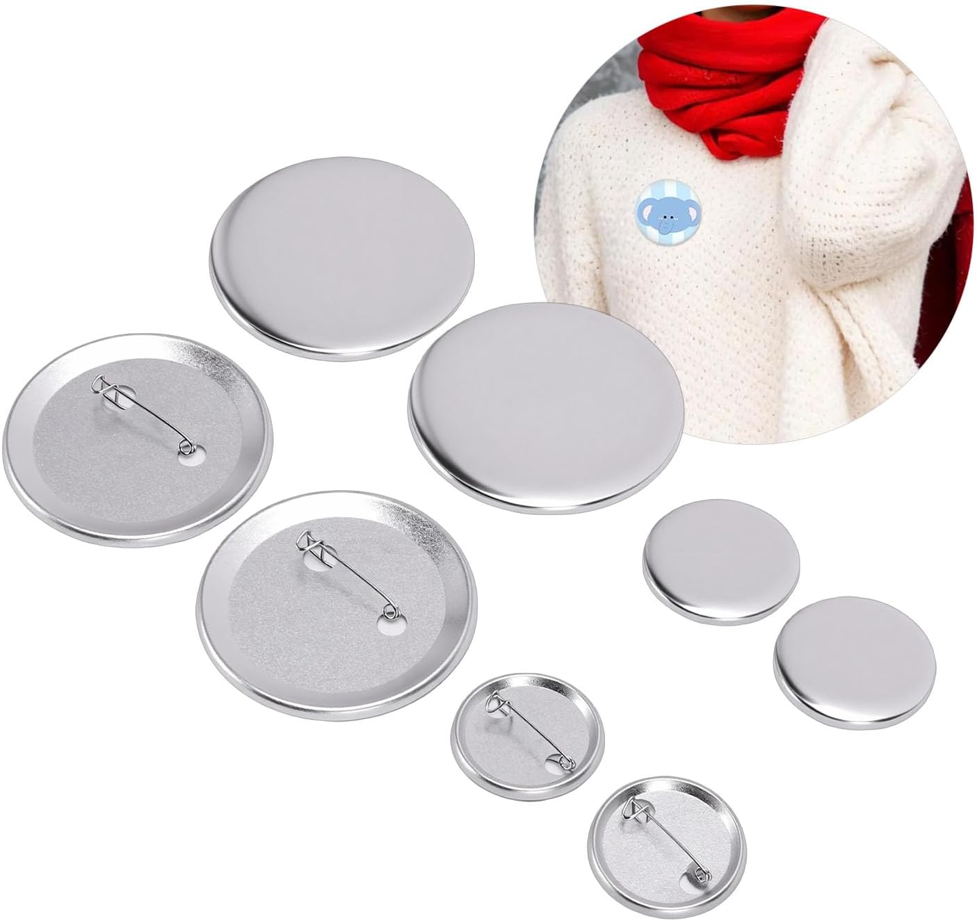AUNMAS Blank Metal Button, Metal Badge Parts with Durable Aluminum Construction and Two Sizes 2.28 Inch 1.26 Inch Complete Kit for School Events Crafts