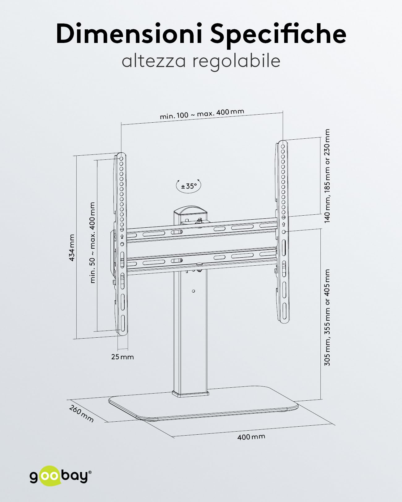 goobay Supporto TV da Pavimento 32-55 Pollici Girevole 35 Gradi Regolabile in Altezza Compatibile VESA Fino a 40 kg Base in Vetro - 58524