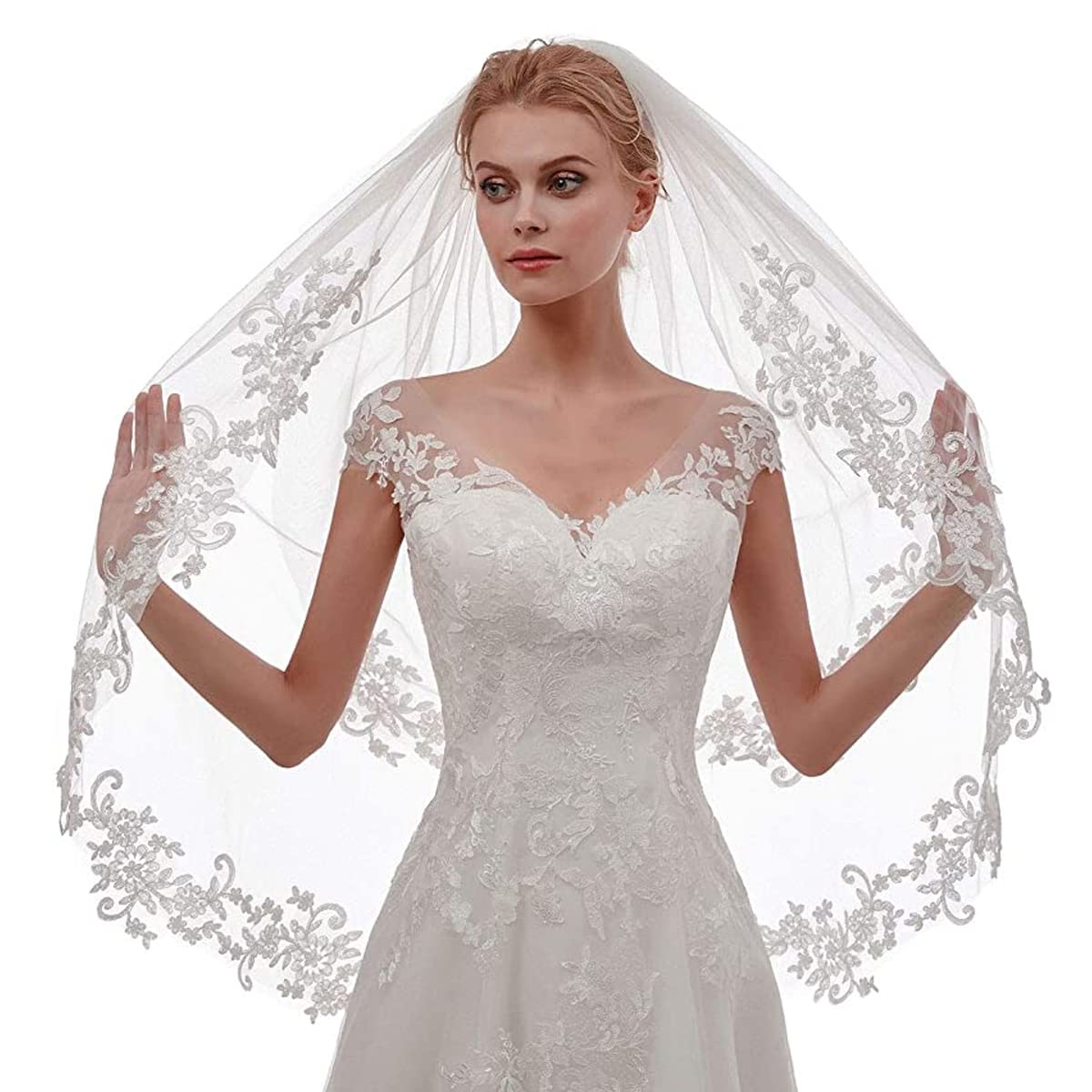 Lace Edge Bridal Veil - 1.5M Pure White Tulle Short Veil For Wedding & Bachelorette Party
