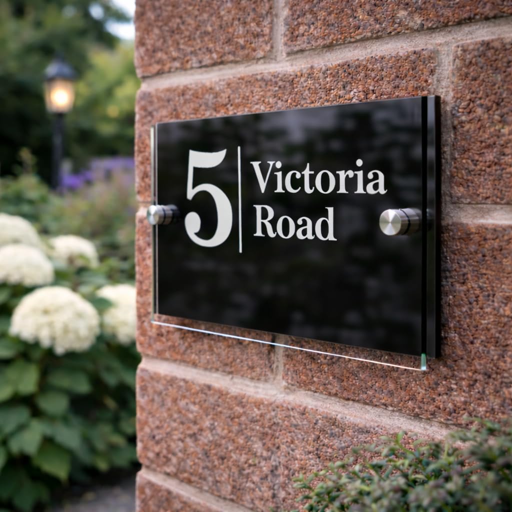 Personalised House Numbers Plaques by Blitz Craft | Glass Effect Acrylic and Black Mirrored Finish | Custom Address Text with Door Numbers for Outside, Weatherproof Design with Fixings (200x130mm)