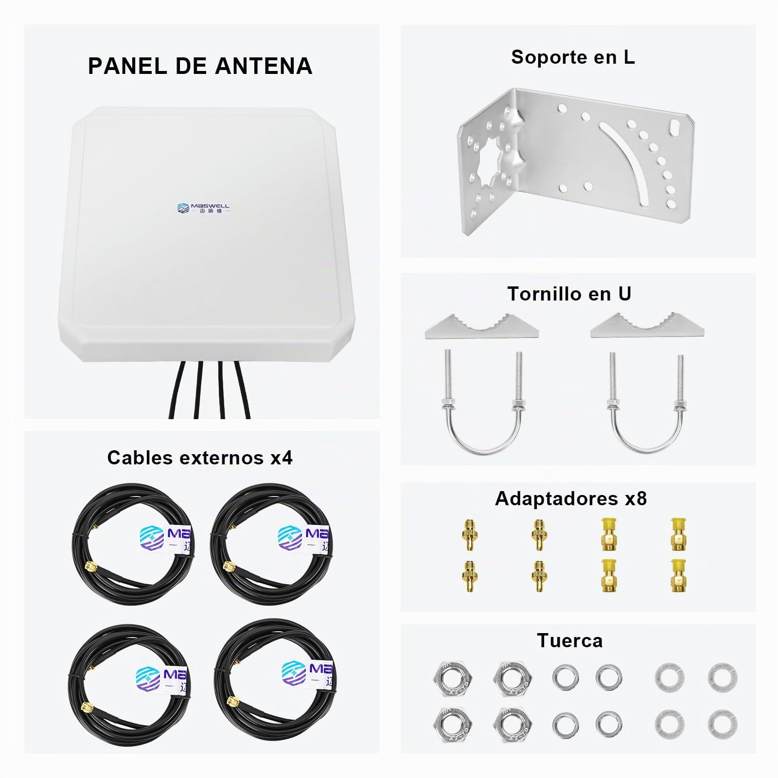 Maswell Antena 5G 4X4 MIMO Exterior, Antena Direccional 10dBi Compatible con FRITZBox, Zyxel, NETGEAR, ZTE 5G NR Router Gateways | Banda Ancha 600-8000 MHz (4MIMO)