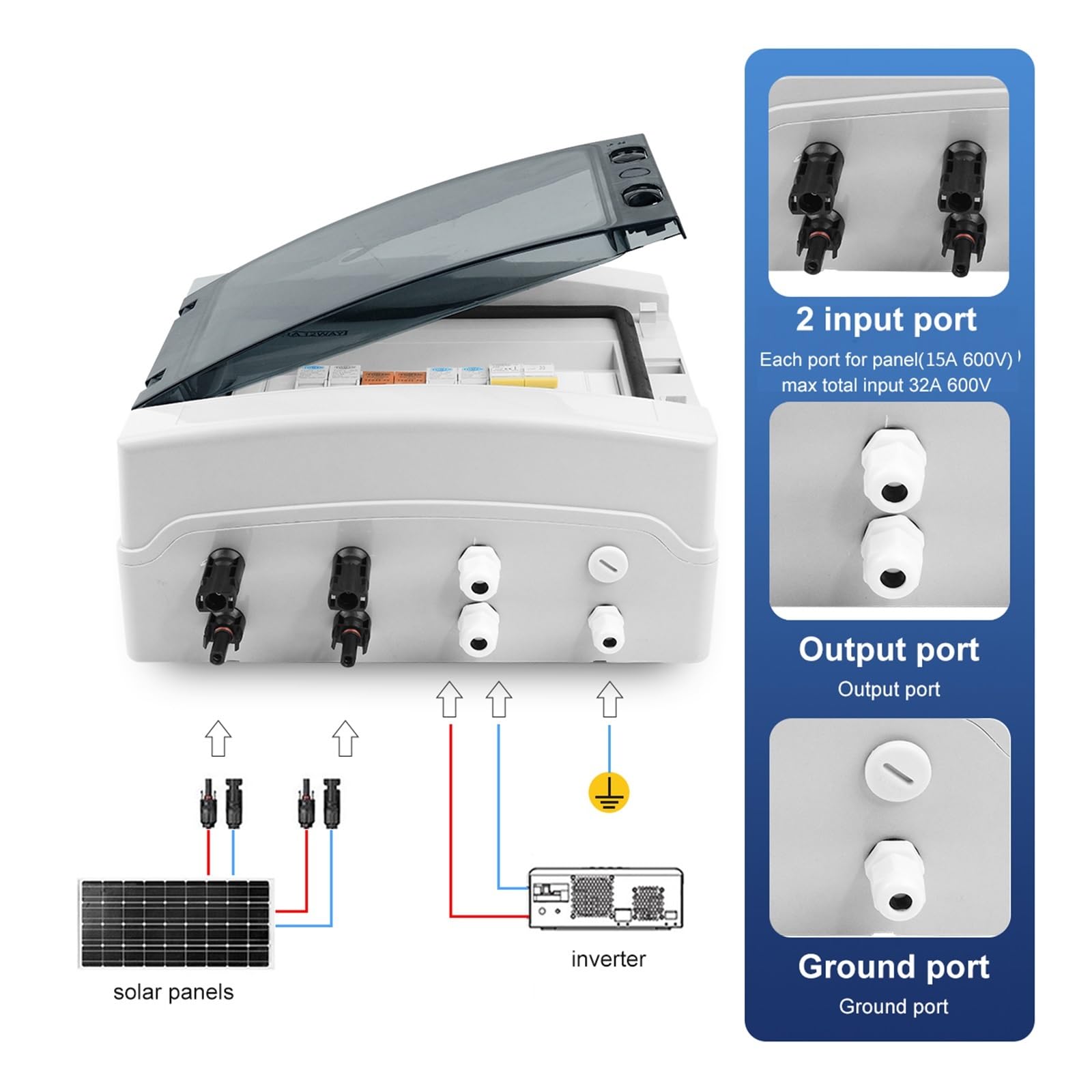 RWRAPS Scatola combinatrice Solare fotovoltaica con Protezione Contro i fulmini 2 ingressi 1 Uscita Scatola Impermeabile con Fusibile DC 600V IP65 12 Vie (Size : 16A DC)