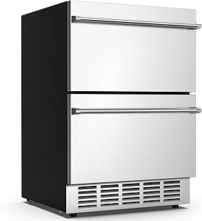 24 Inch Under Counter Drawer Fridge, Beverage Refrigerator with Double Drawer Storage, Built-in Beverage Refrigerator for Home & Commercial Use, Outdoor Fridge for Patio, Stainless Steel