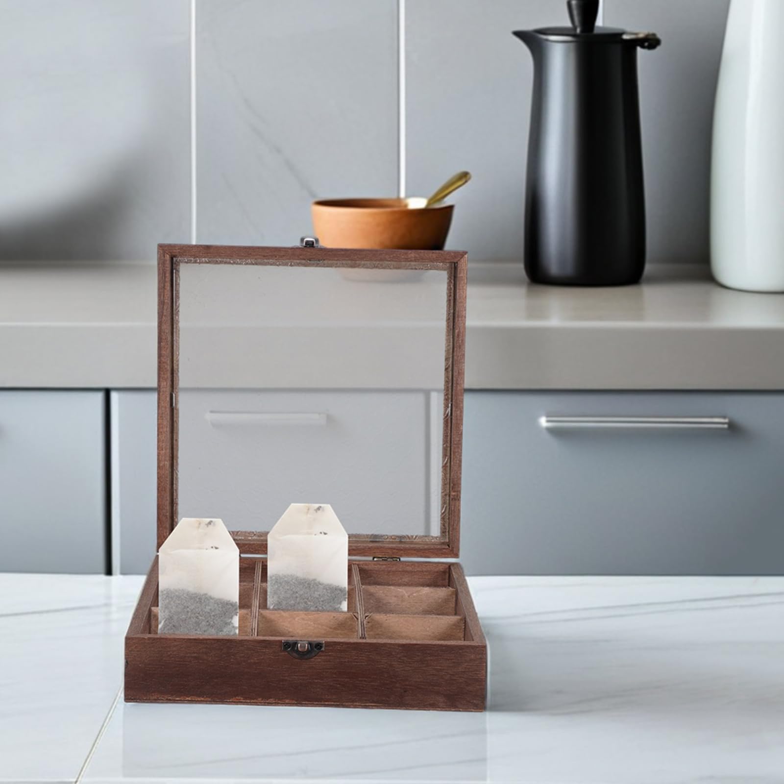 NUOBESTY Organisateur de Sachets de Thé 12 Compartiments en Bois Noyer, Boîte à Thé Compartimentée 23 X 23 X 6 Cm, Rangement Compact Cuisine et Bureau avec Fenêtre D’accès Rapide