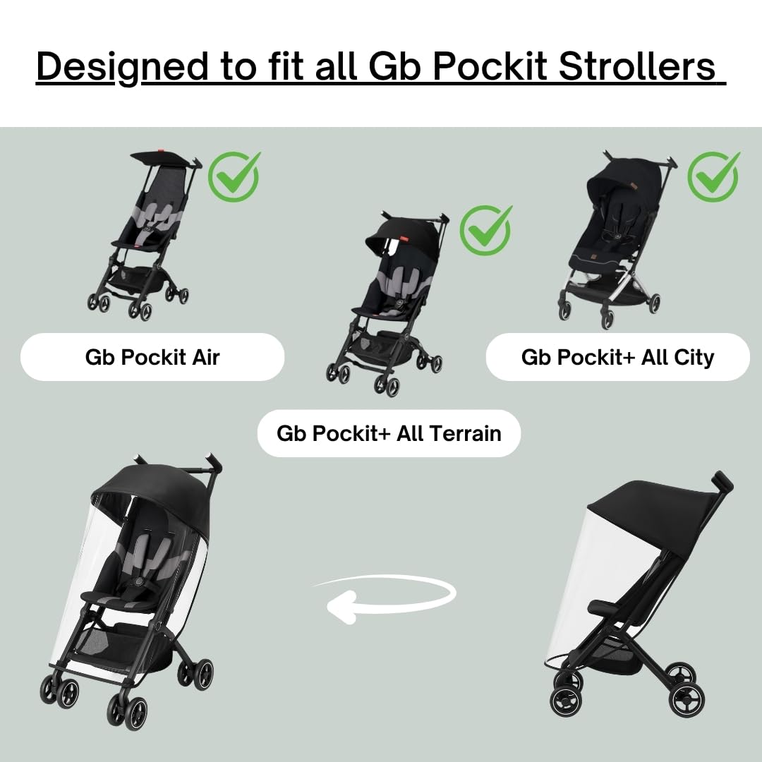 SASHA'S Housse de pluie et de vent pour GB Pockit + All-Terrain et GB Pockit + poussette All City Travel Design transparent, trous de ventilation, couverture maximale, fabriquée aux États-Unis