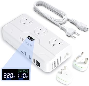محول جهد 220 فولت إلى 110 فولت من Yinleader Step Down لمصفف الشعر/مكواة التجعيد مع USB-C 20W PD ومحول قابس عالمي 250 وات من المملكة المتحدة/أستراليا/الاتحاد الأوروبي