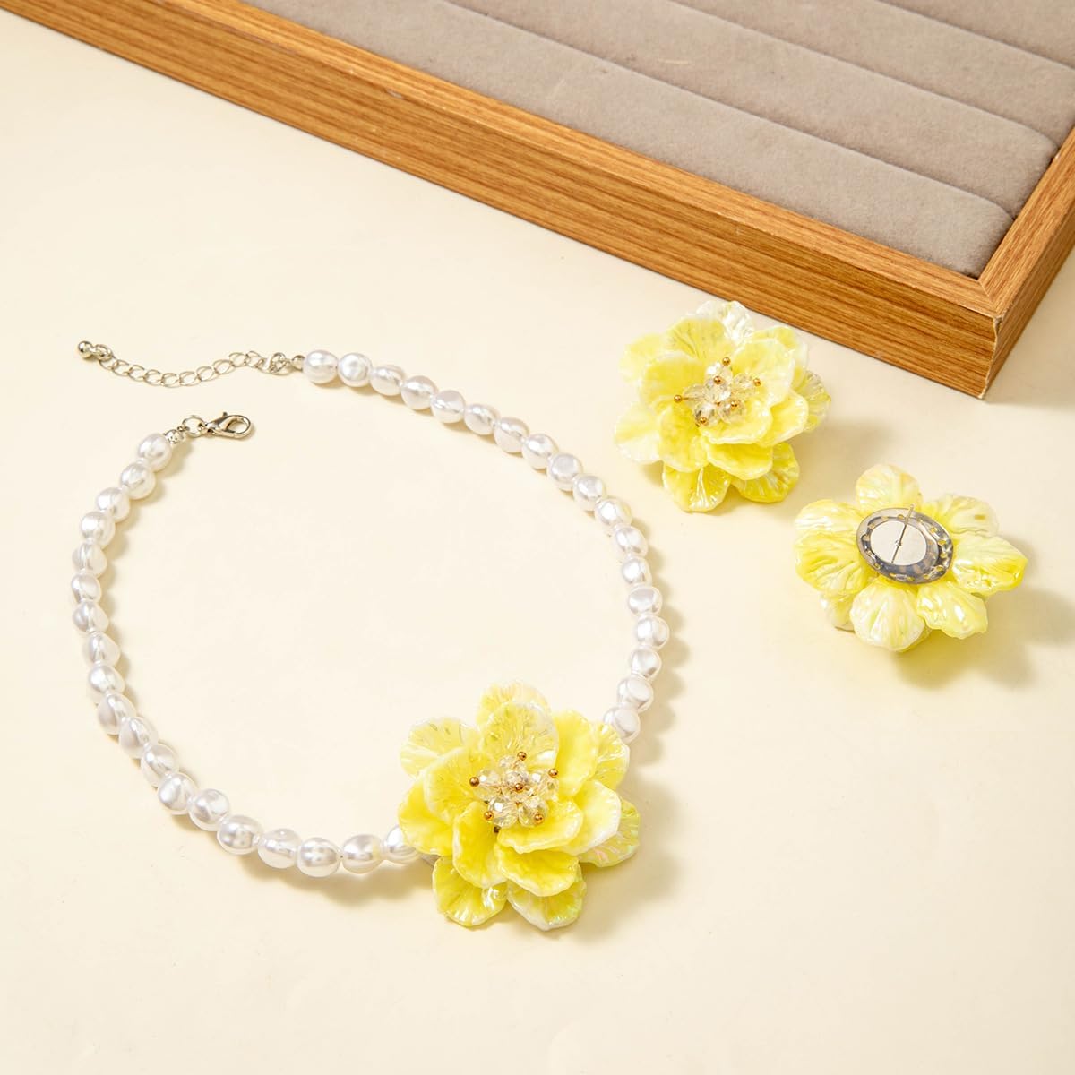 Large Flower Necklace Earrings Set Camellia Pearl Choker Necklace Earring Set Boho Colorful Flower Statement Necklace Earrings Set Fashion Wedding Party Holiday Jewelry for Women image 3