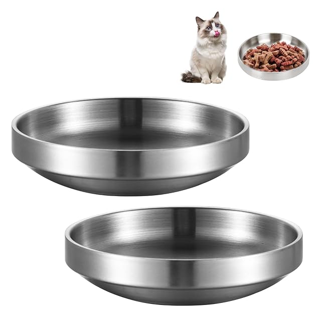 2 Cuencos Planos de Acero Inoxidable Metal 304 para Gatos - Comedero y Agua a Prueba de Caídas