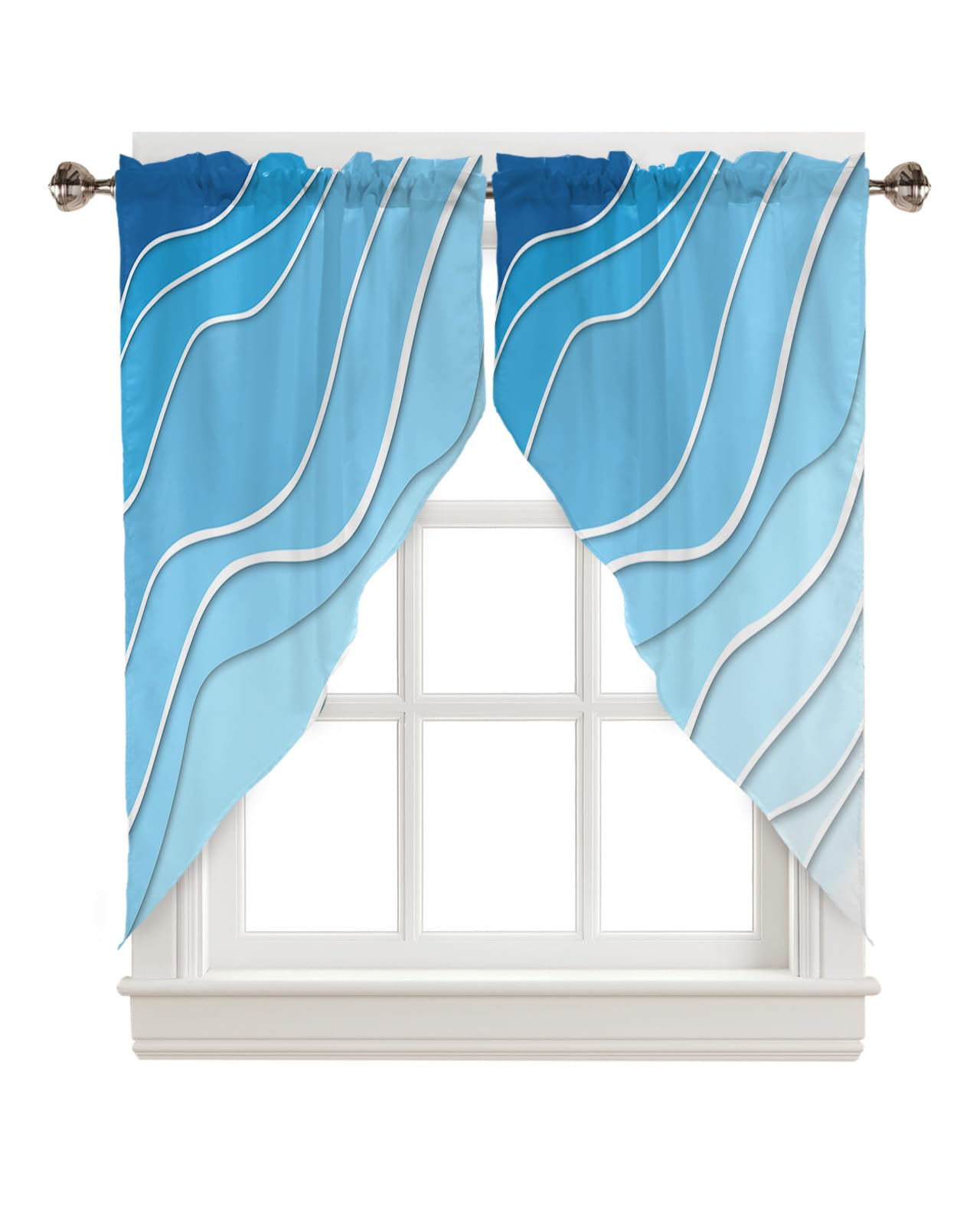 BEMIGO Swag Valances for Windows,Blue Wave Winter Ocean Rod Pocket Kitchen Farmhouse Window Curtains Over Sink,Abstract Ombre Geometric Farmhouse Swag Curtains,2 Panels, 36 Inches Length