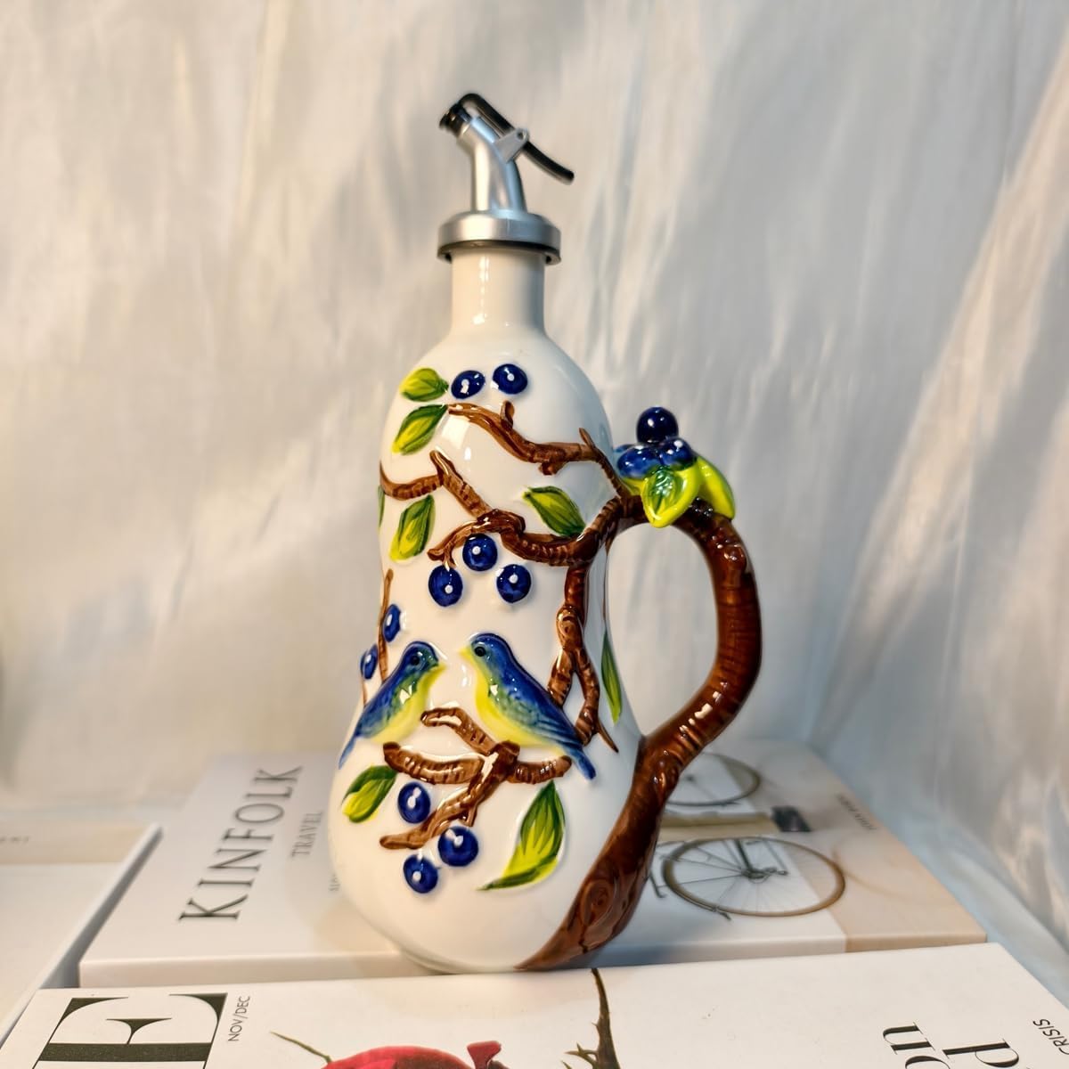 18 oz Hand Painted Ceramic Relief Olive Oil Bottle Dispenser, with Handle Decorative Olive Oil Dispenser Bottle, Kitchen Ceramic Oil Vinegar Bottle Seasoning Bottle with Stainless Steel Spout & Funnel