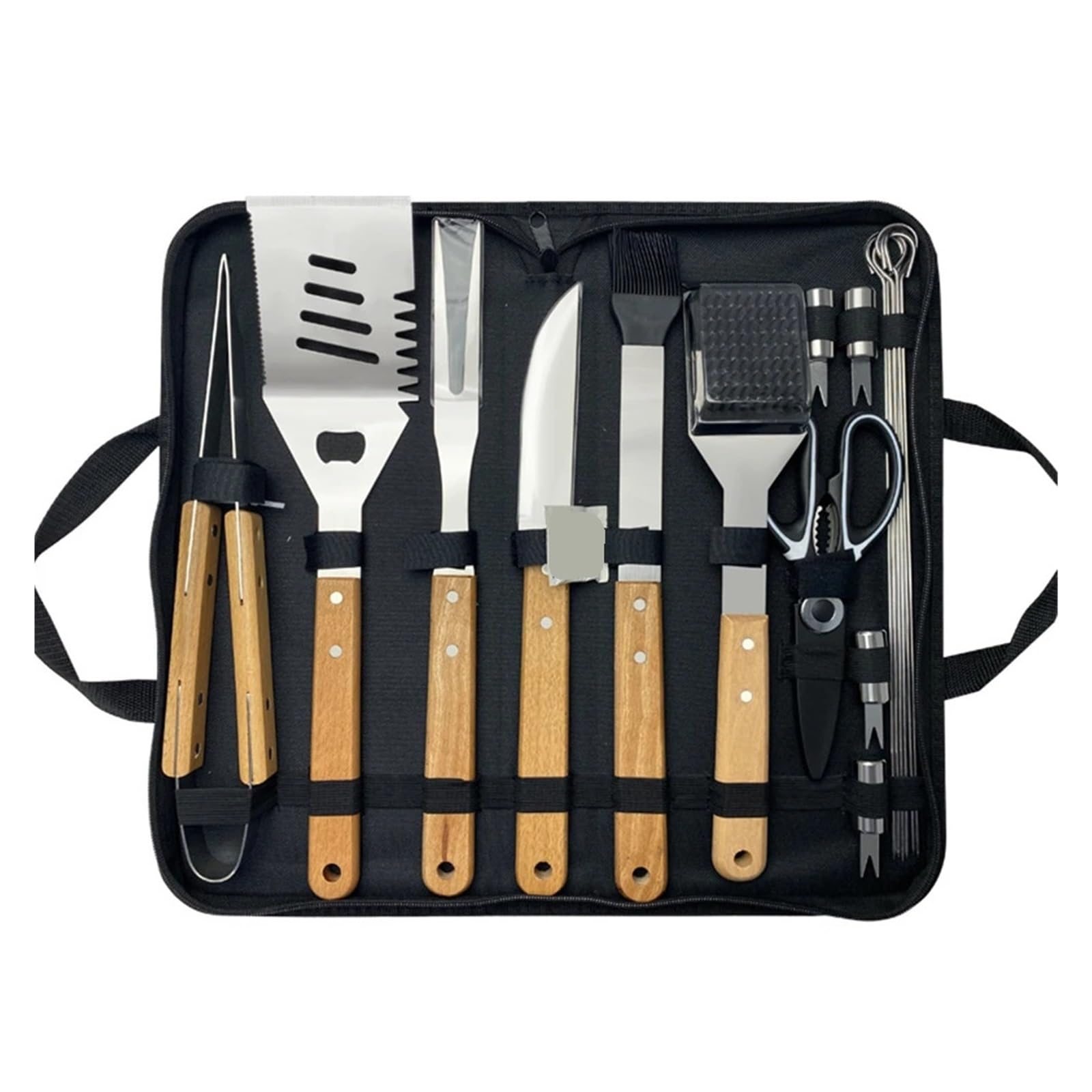 Generisch Outdoor-Camping-Grillbesteck-Set: Holzgabel, Schaufel, Clip, Grillzubehör, Stofftasche, Edelstahlgrill(16 in 1)