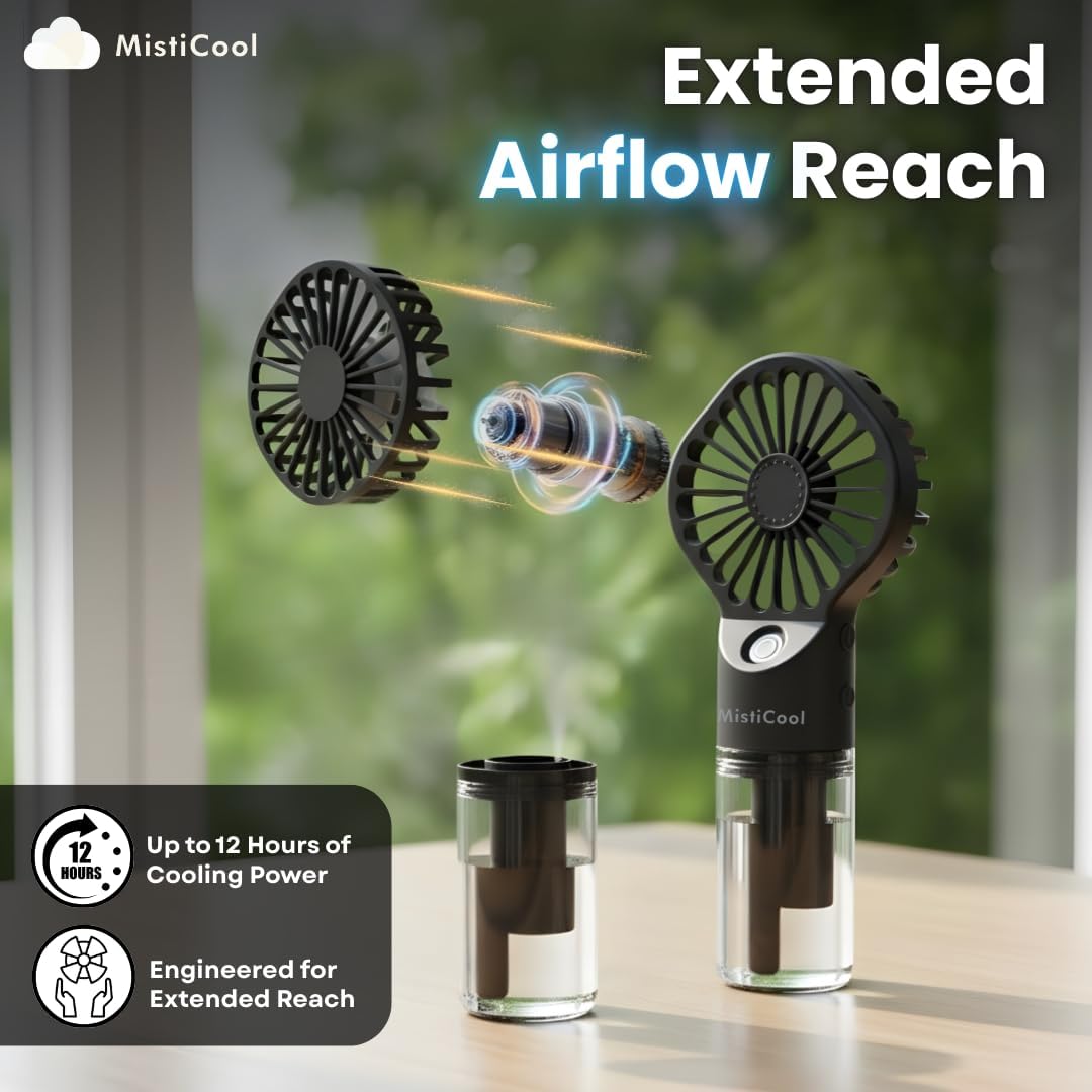 Handheld Misting Fan, 2 in1 Spray Fan, Mini Fan with USBC Rechargeable Battery Operated and 4 Adjustable Speed [4-12 Working Hours] (Black) - Image 5
