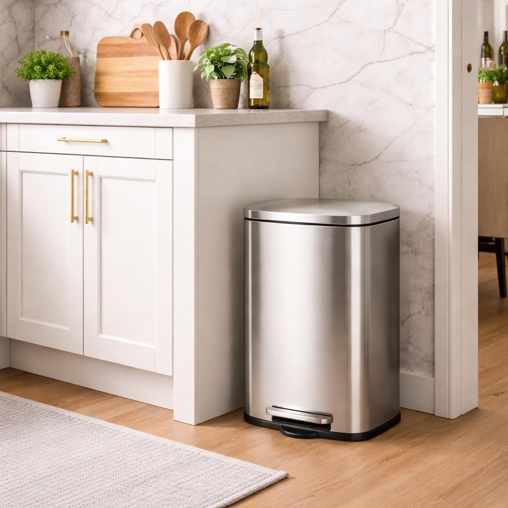 T-LOVENDO.ES Cubo de Basura 50L Grande de Acero Inoxidable con Pedal | Papelera con Tapa Anti-Olores | Sistema Sujeta Bolsas | Diseño Moderno | Apertura Suave y Silenciosa | Cocina Baño Oficina