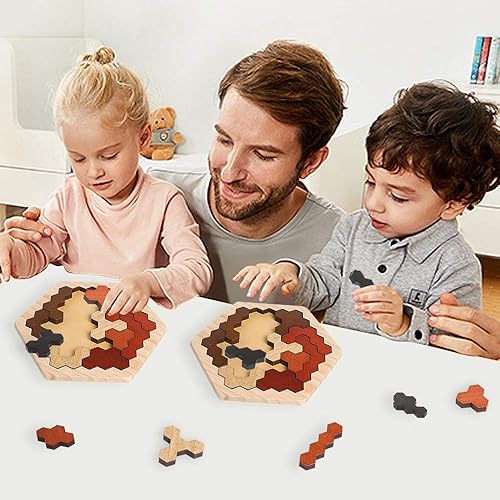 Miniatura 6 de Rompecabezas hexagonal de madera para niños y adultos, bloque de patrón de forma colorida Tangram Brain Teaser juguete geometría lógica IQ juego