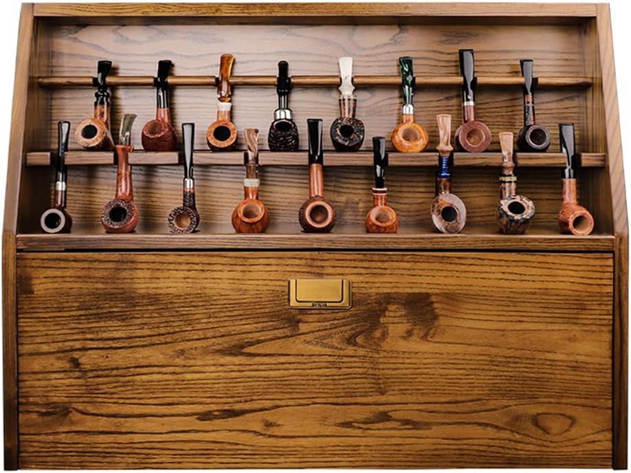 RR-YRL Multifunctional Wall-Mounted Pipe Stand, Solid Wood Pipe Stand, Can Accommodate Seventeen Pipe Display Racks, Pipe Accessories Storage Cabinet, Double-Layer Design