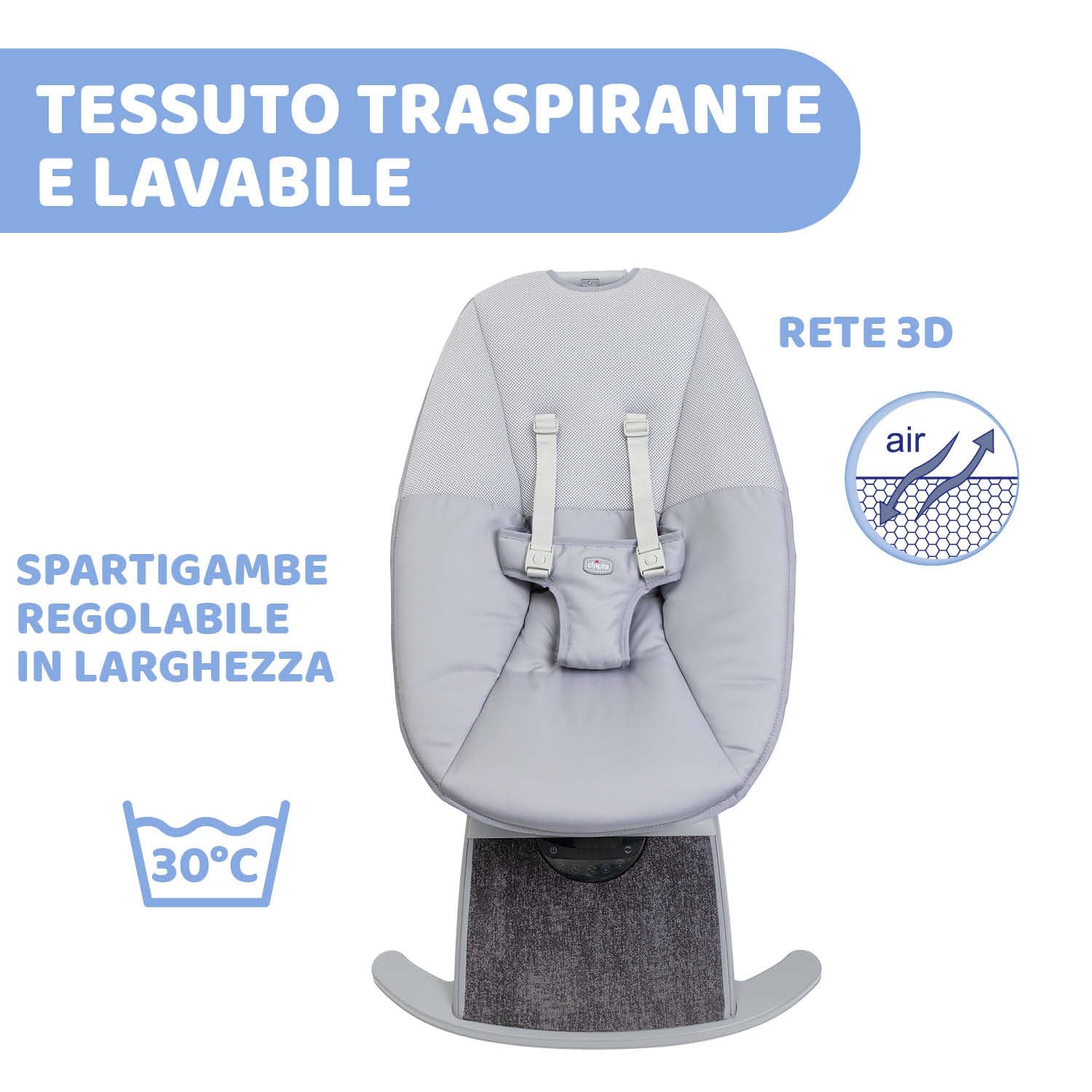 Chicco Comfy Wave, Sdraietta Elettronica, Altalena Elettronica per Bambini, con Movimenti e Melodie, Schienale Reclinabile, Tessuto Traspirante e Sfoderabile, Barra Gioco, Sdraietta Neonato, 0 Mesi+