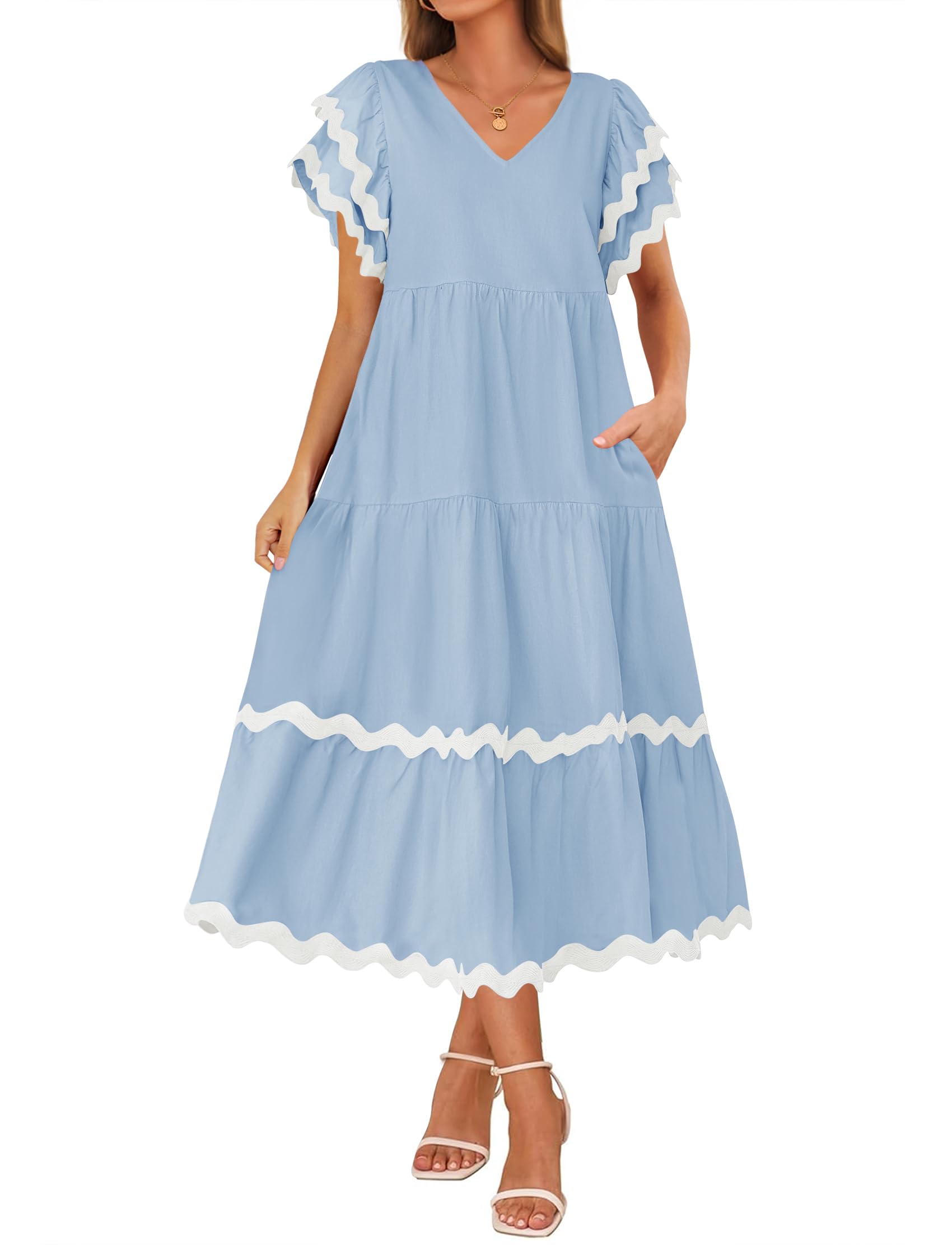 ZESICA Womens 2026 Summer Casual Midi Dresses V Neck Flutter Short Sleeve Ruffle Tiered A Line Flowy Beach Long Dress