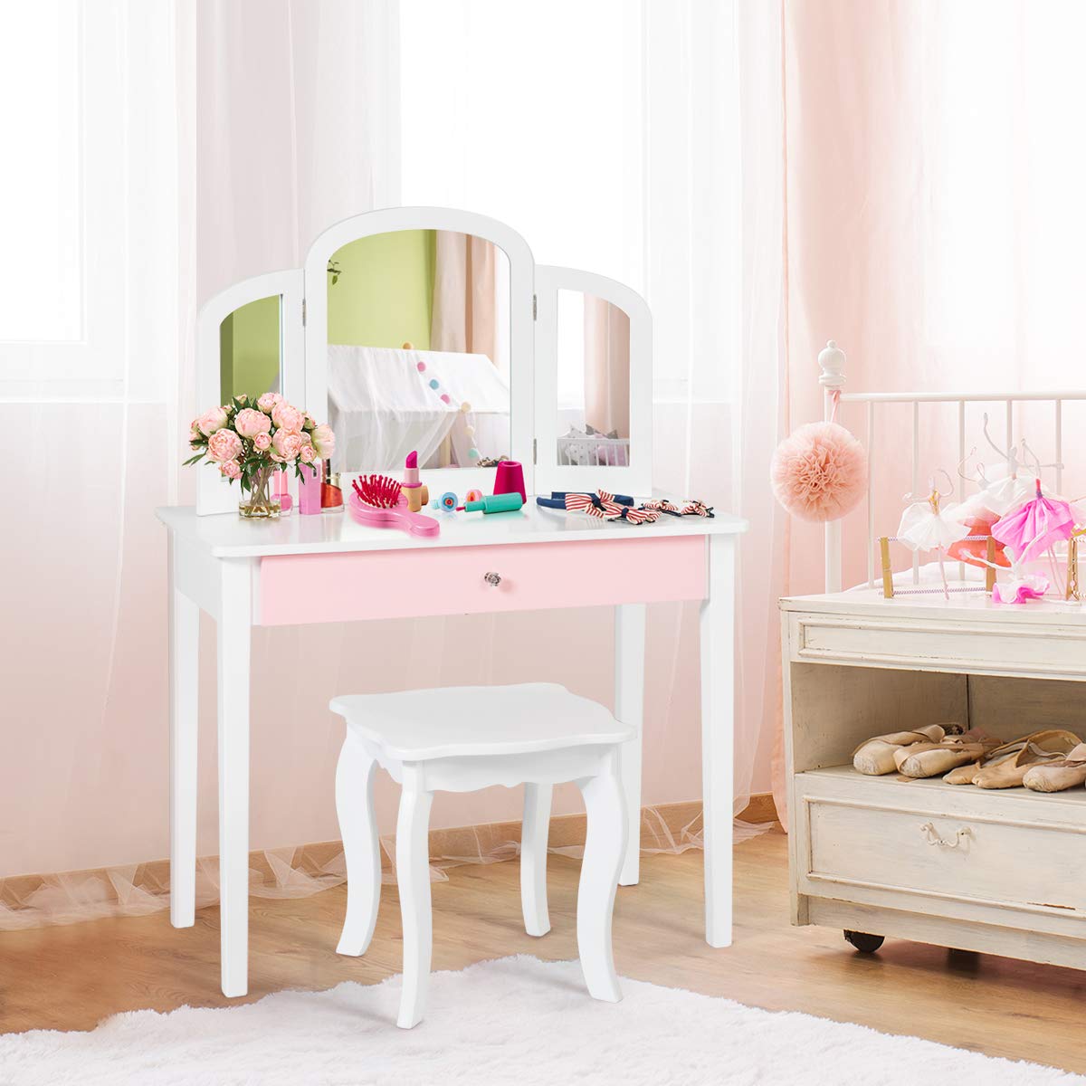 RELAX4LIFE Set Toeletta in Legno con Sgabello, Tavolo da Trucco con Cassetto con 3 Specchi per Bambini, Kit Toeletta da Trucco con Sedia per Bambine, Giocattolo da Trucco per Bambini (Bianca)