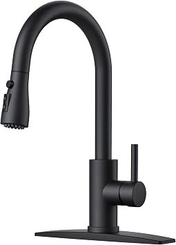 FORIOUS Kitchen Faucet with Pull Down Sprayer, Stainless Steel, Matte Black | 3-Mode Sprayer, Classic Bar Sink Faucet with Deck Plate, High Arc Single Handle, Suitable for Farmhouse Laundry Rv Camper
