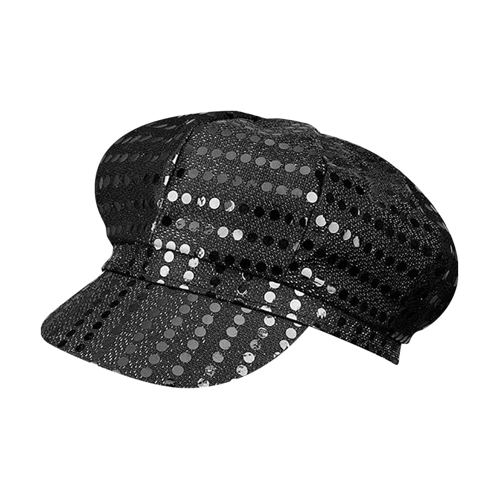 JIHUOO Glitter Sequin Hat Bling Costume Hat Retro Dress up Hat Beret Newsboy Cap Birthday Party Dance Hat Black