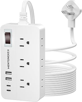 Surge Protector Power Strip - 5Ft Braided Extension Cord Flat Plug with 6 Outlets and 2 USB-A 2 USB-C Ports, 1080 Joules Wall Mounted Charging Station for Office Home ETL 15FT