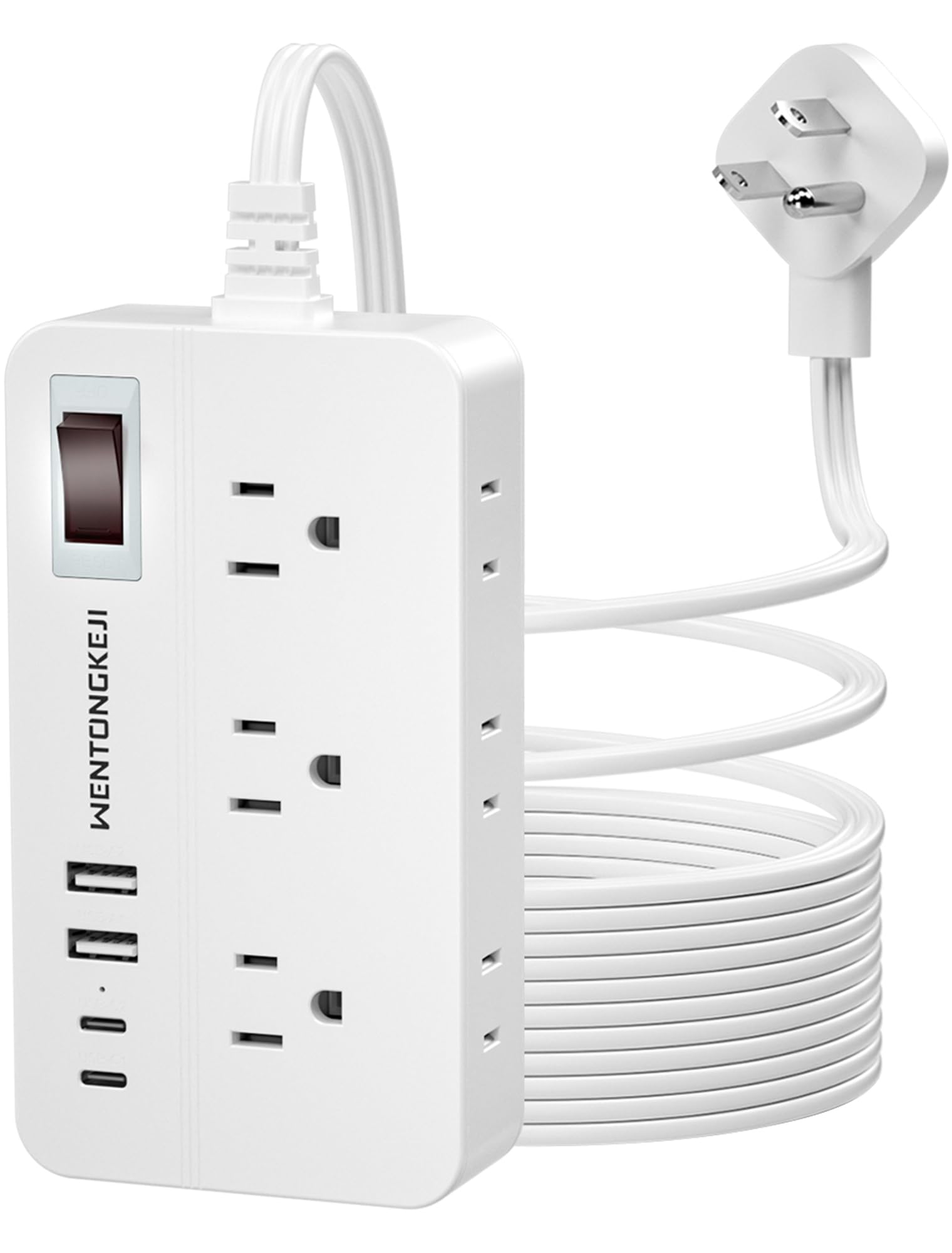 listwa zasilająca z ochroną przeciwprzepięciową, kabel przedłużający w oplocie o długości 5 stóp, płaska wtyczka z 6 gniazdami i 2 portami USB-A 2 USB-C, stacja ładująca montowana na ścianie 1080
