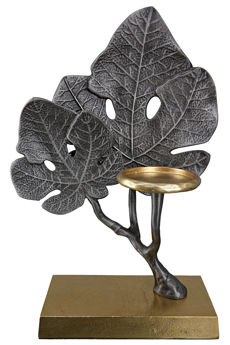 GILDE Świecznik typu tealight – 1 świecznik na podgrzewacze z aluminium – na świece lub podgrzewacze do Ø 8 cm – motyw liści – kolor srebrny złoty – wysokość 38 cm