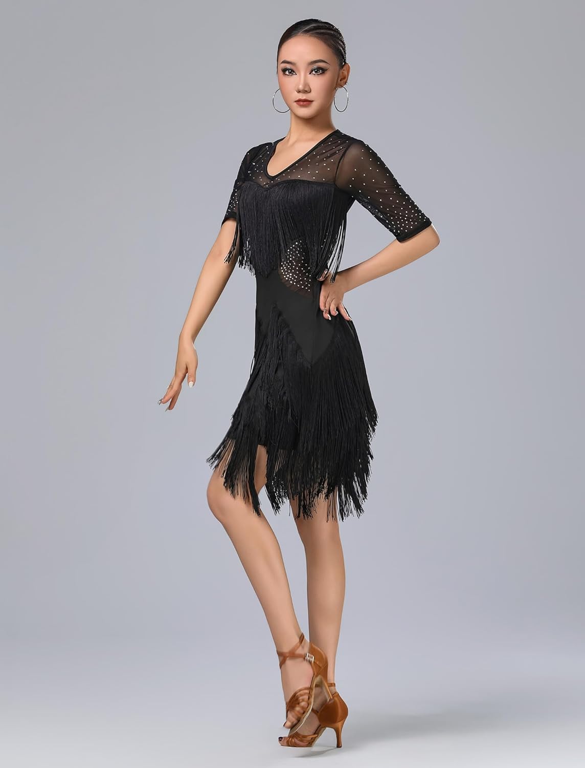 IBAKOM Short Sleeve Sparkly Latin Dance Dress Fringe Rhinestone Ballroom Dance Outfits Women Jazz 20s Flapper Fringe Costume