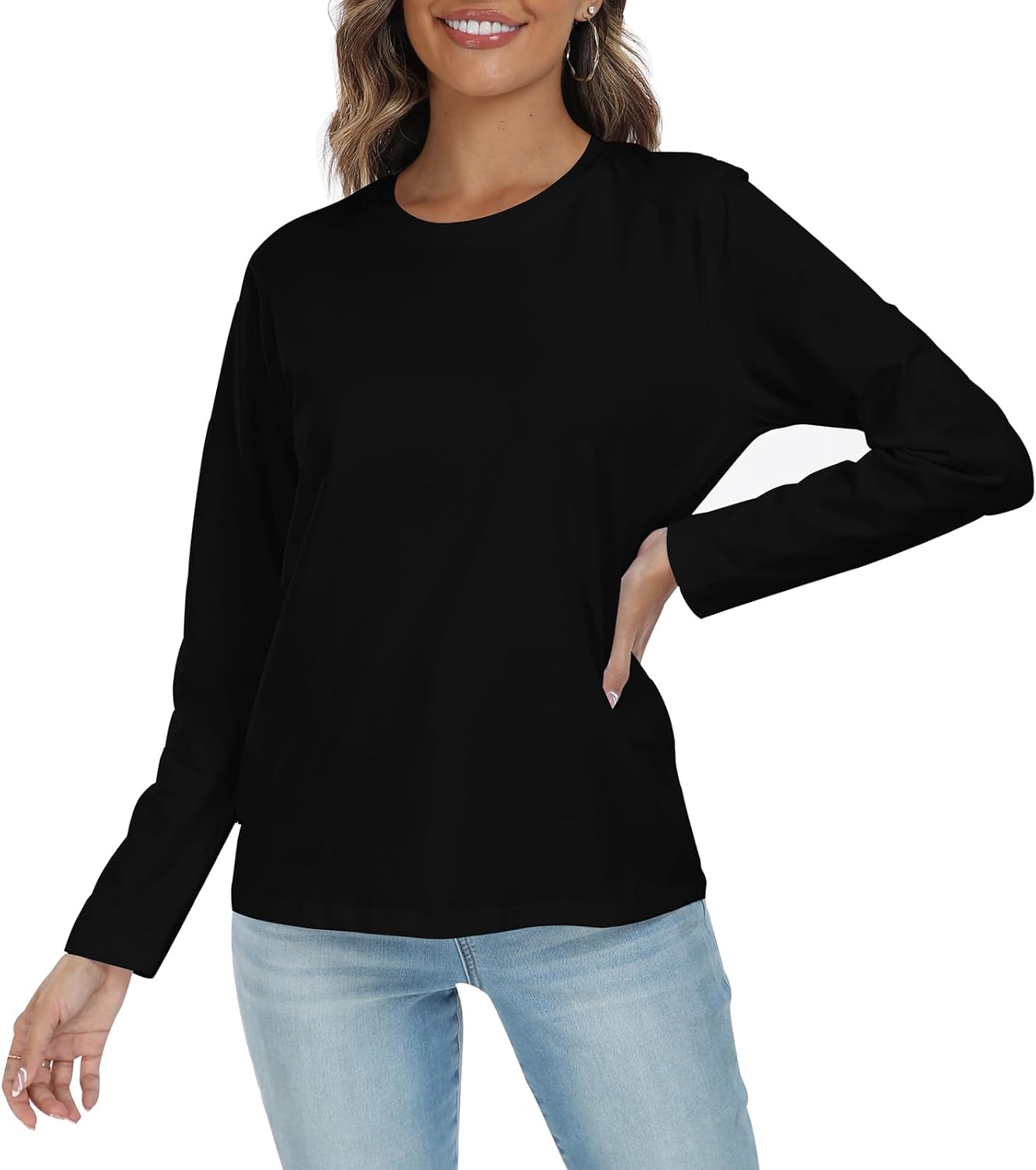 LOVFEE Women's Basic Crewneck Tee Long Sleeve Cotton Tops Loose Fit T-Shirt