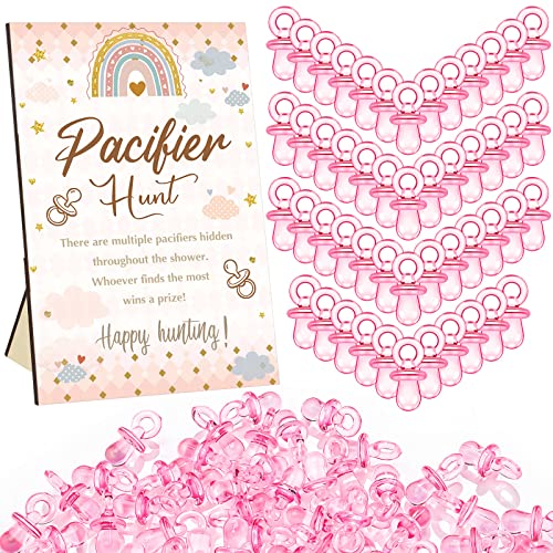 Image of Thyle 51 Pcs Pacifier Hunt Baby Shower Games Include Hunt Sign and 50 Acrylic Pacifiers for Baby Shower Game Decoration Gift Sets Gender Reveal Party Decor(Rainbow)