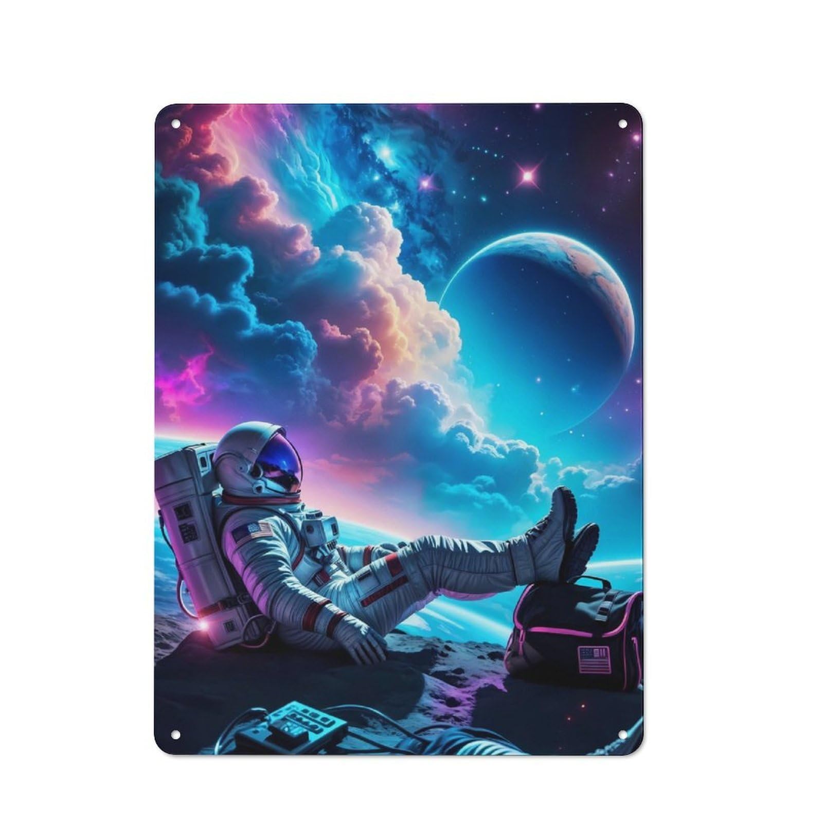 Junmoney Relax Astronaut In Space Rustic Tin Wall Plaque 40X30cm For Guest Room Or Hallway, For Garage, Workshop And Man Cave Decoration