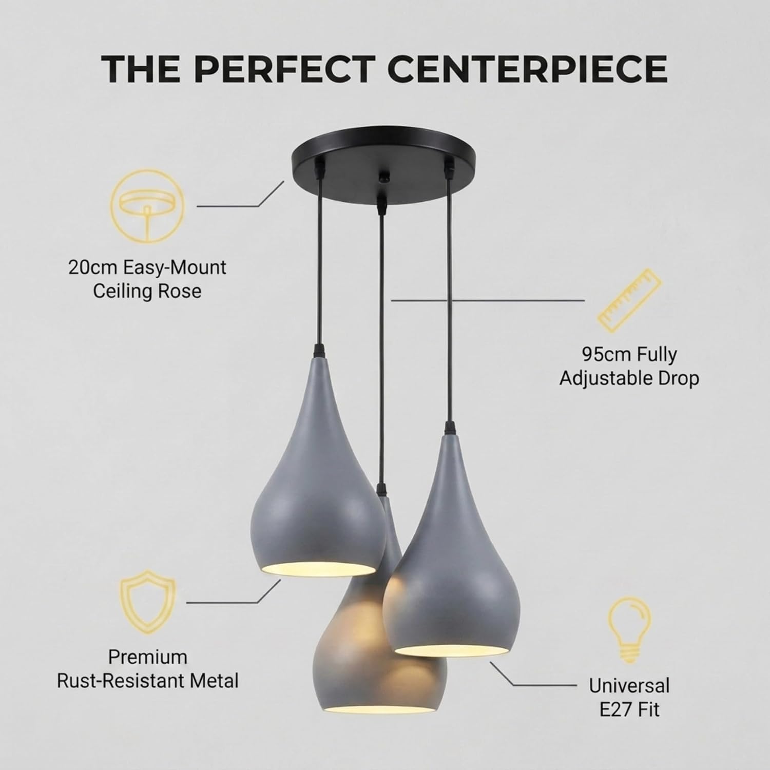 LEDSone 3-drożna lampa sufitowa w kształcie łezki, wisząca, szare klosze, nowoczesna oprawka ES E27, kolor szary [klasa energetyczna A]