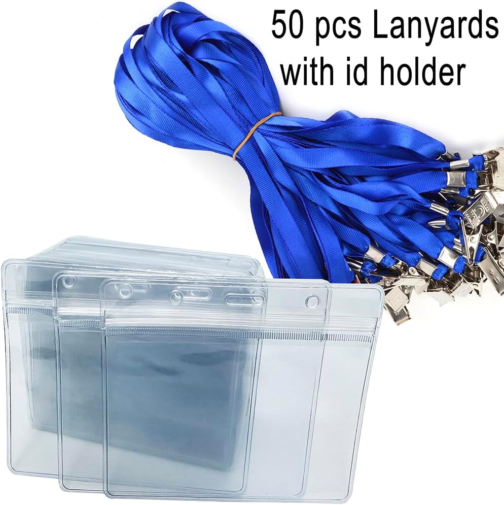 HANDIC Name Tags 50pcs Lanyard with ID Holder Waterproof Type Clear Plastic Name Badge Holder Id Card (Blue, Horizontal) - Image 3