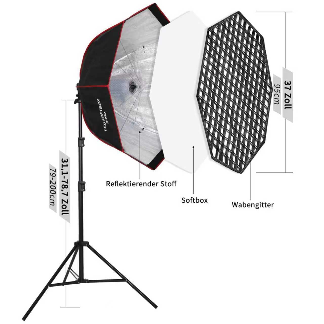 110W Softbox-Beleuchtungsset, 95 cm großes achteckiges Parabol Softbox mit Wabengitter/Fernbedienung/Lichtständer, für Fotografie, Studio-Aufnahmen, Porträtsfotografie, Live-Übertragung