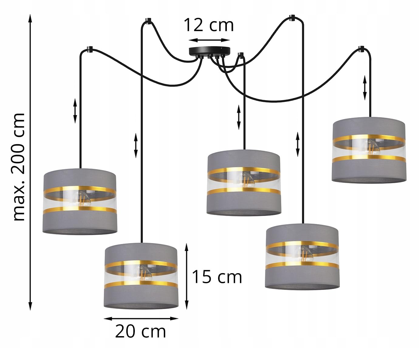 Light-Home Spider Elegance Deckenleuchte Pendelleuchte - Moderner Deckenleuchter für Schlafzimmer Wohnzimmer und Küche im Glamour - E27 mit 5 Lichtpunkten - Lampenschirm Stoff 20cm - Schwarz und Grau